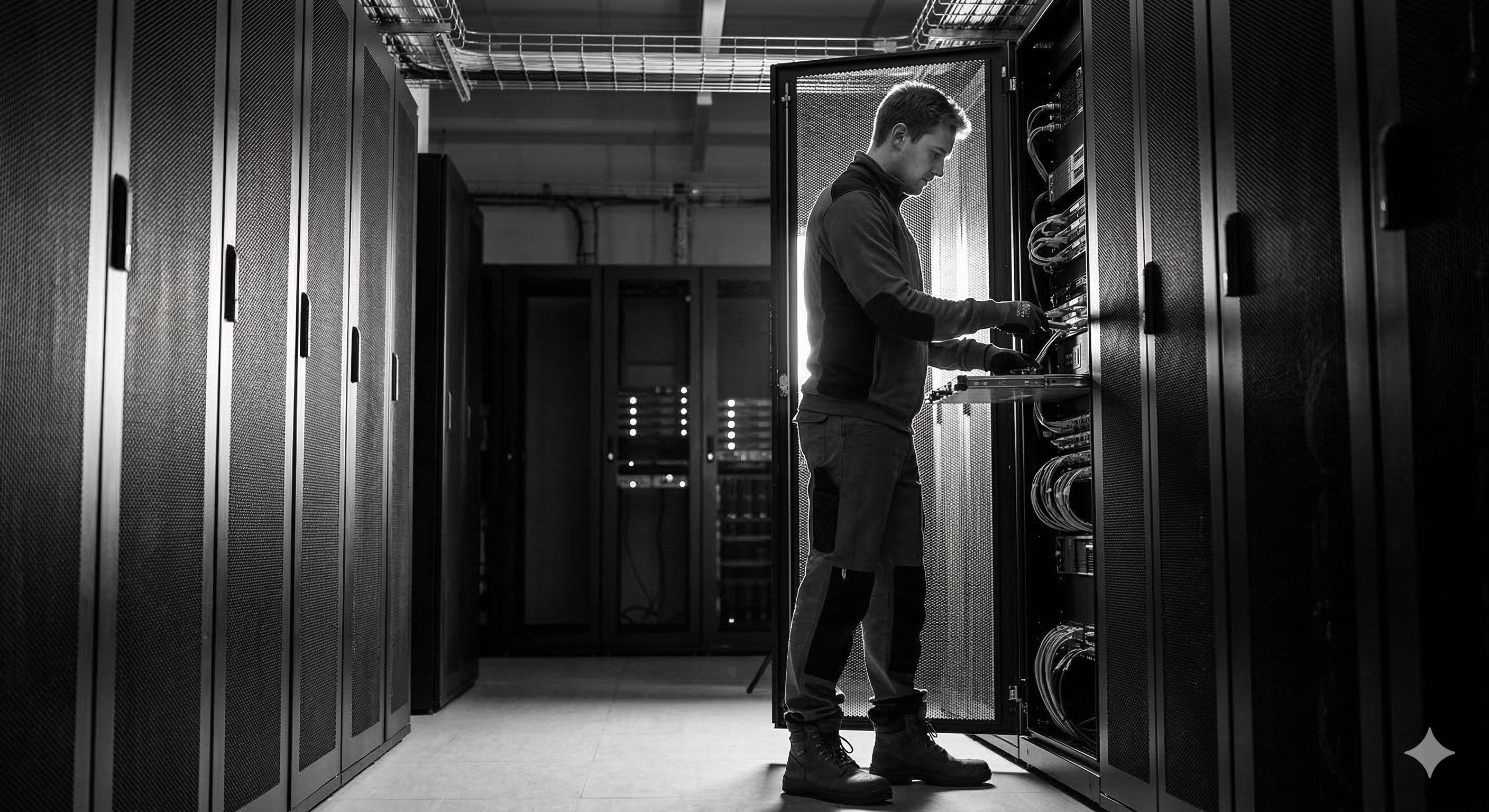 Detailed view of network equipment and cables in an ICT environment