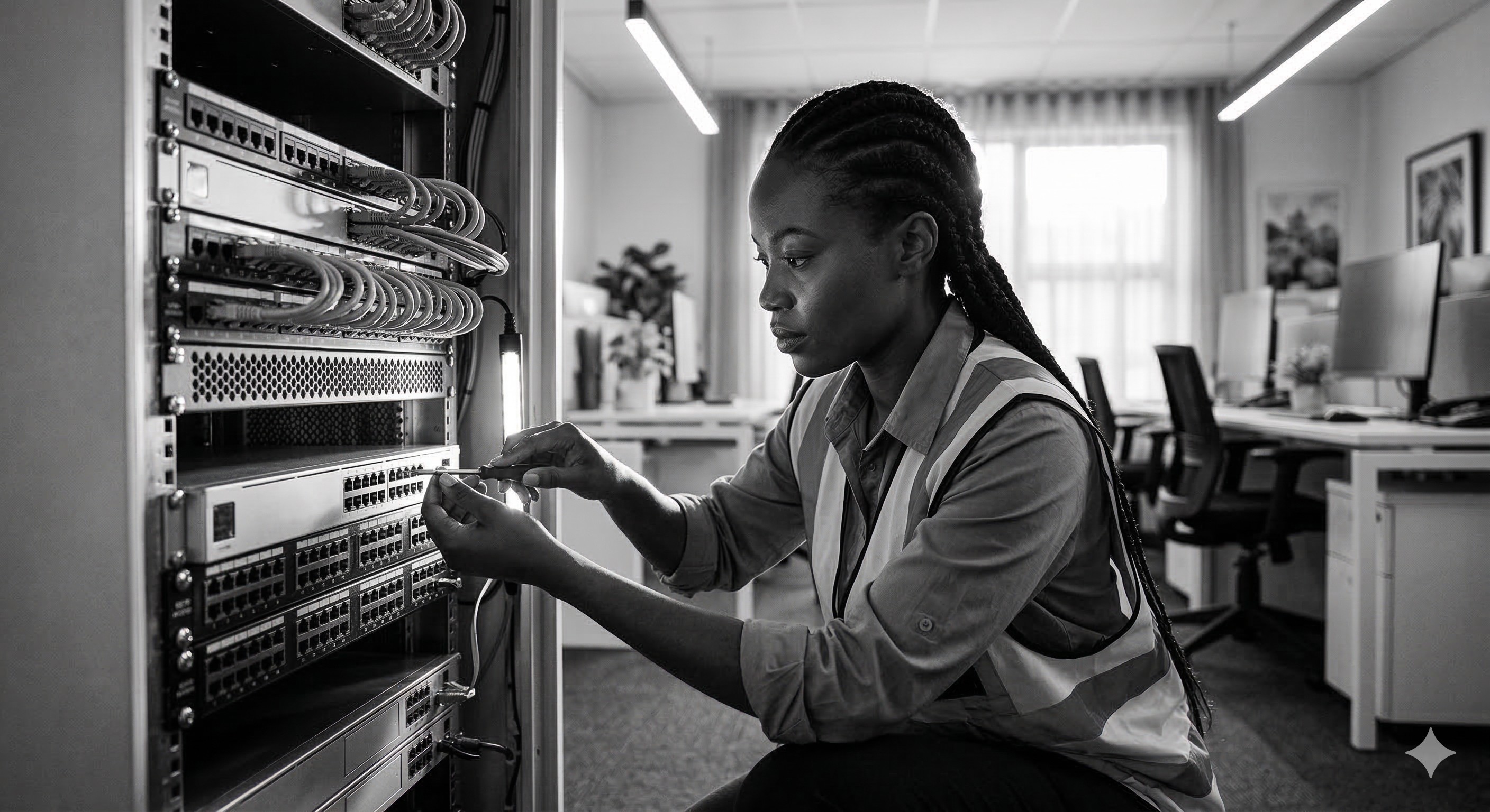 Network engineer configuring connectivity equipment in a server environment