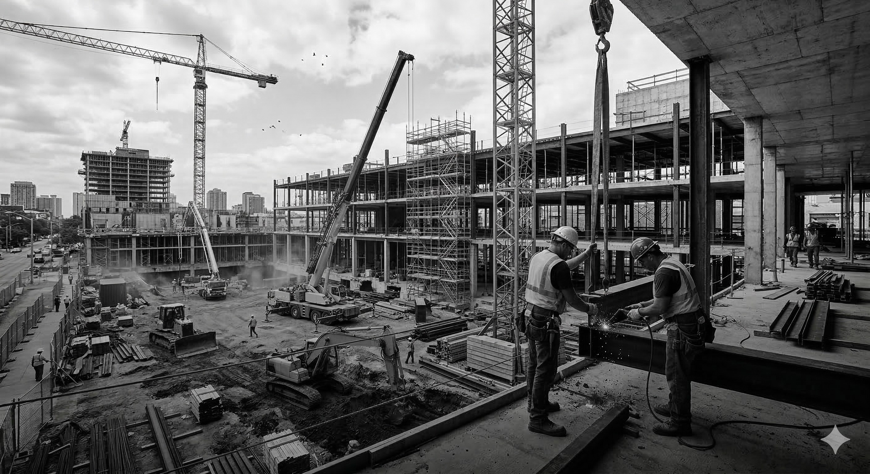 Construction site with workers and structural works underway